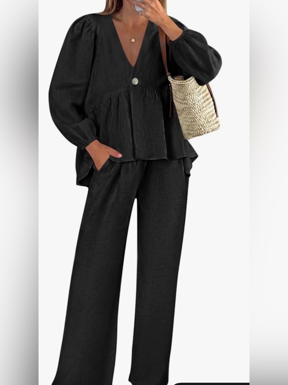 Elegant Black Wide-Leg Jumpsuit with V-Neck Peplum Top